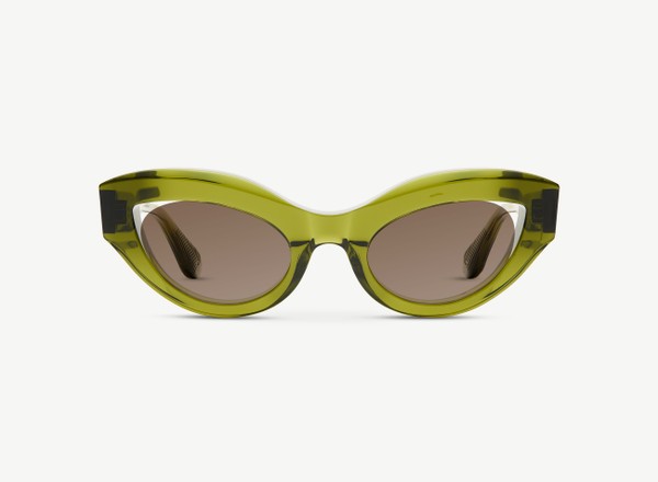 Front view of a pair of eyeglasses called the Mona in Khaki