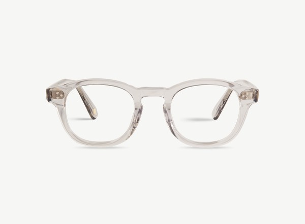 Front view of a pair of eyeglasses called the Optimist in Smoke