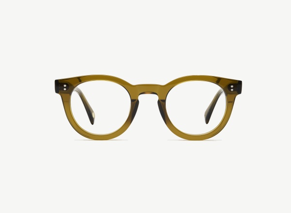Front view of a pair of eyeglasses called the Messenger in Olive