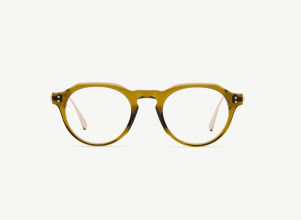 Front view of a pair of eyeglasses called the Editor in Olive