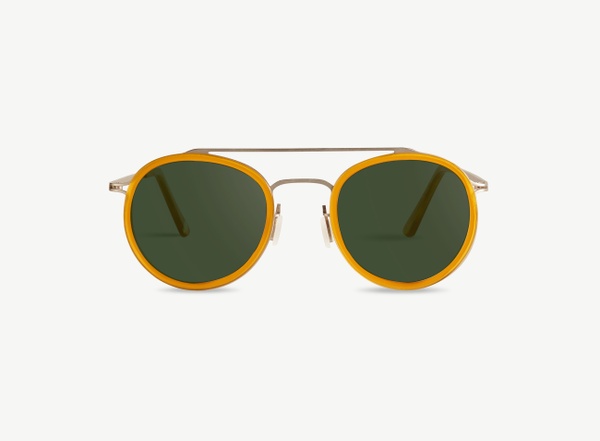 Front view of a pair of eyeglasses called the Player in Marigold