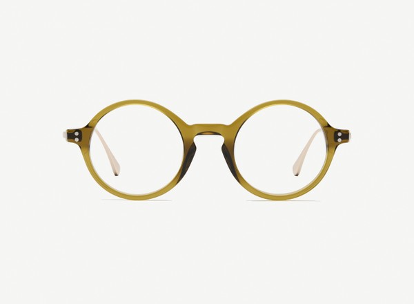 Front view of a pair of eyeglasses called the Curator in Olive