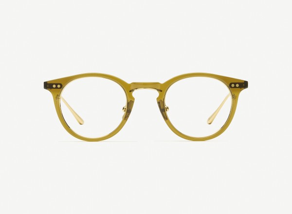 Front view of a pair of eyeglasses called the Alchemist in Olive
