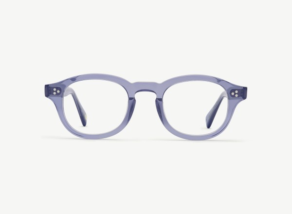 Front view of a pair of eyeglasses called the Optimist in Denim