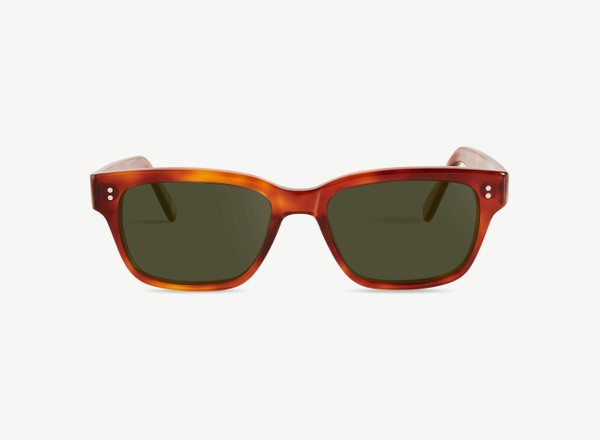 Front view of a pair of eyeglasses called the Exec in Amber
