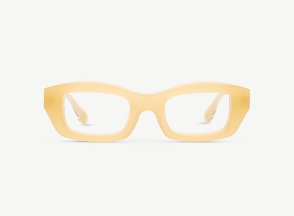 Front view of a pair of eyeglasses called the Enzo in Dune