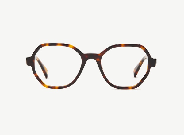 Front view of a pair of eyeglasses called the Storyteller in Tortoise
