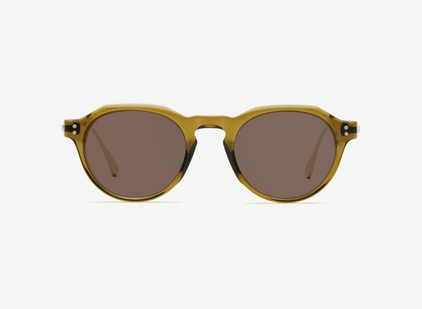 Front view of a pair of eyeglasses called the Editor in Olive
