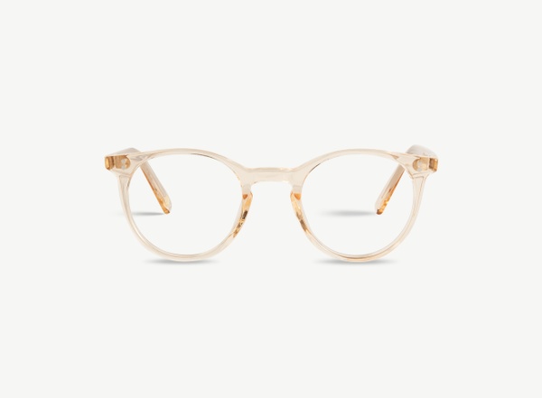 Front view of a pair of eyeglasses called the Traveller in Peach