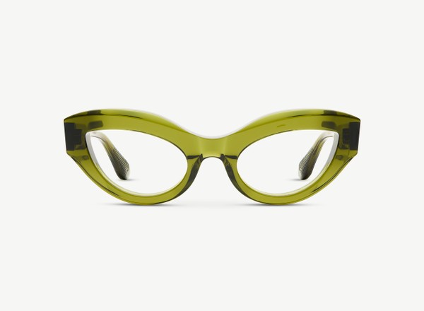 Front view of a pair of eyeglasses called the Mona in Khaki