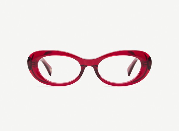 Front view of a pair of eyeglasses called the Oracle in Crimson