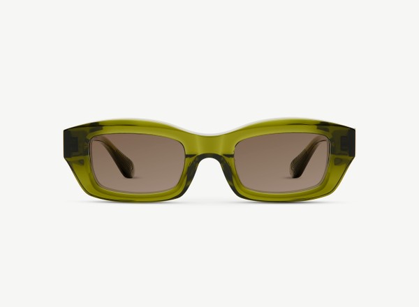 Front view of a pair of eyeglasses called the Enzo in Khaki
