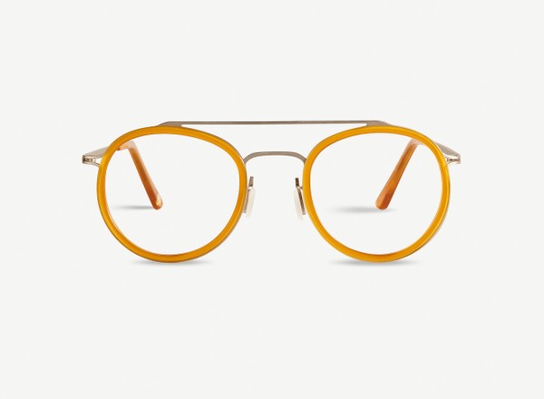 Front view of a pair of eyeglasses called the Player in Marigold
