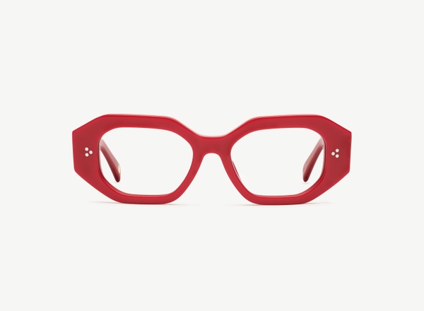 Front view of a pair of eyeglasses called the Rockstar in Ruby