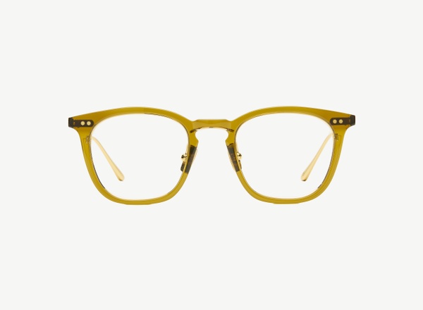 Front view of a pair of eyeglasses called the Trader in Olive