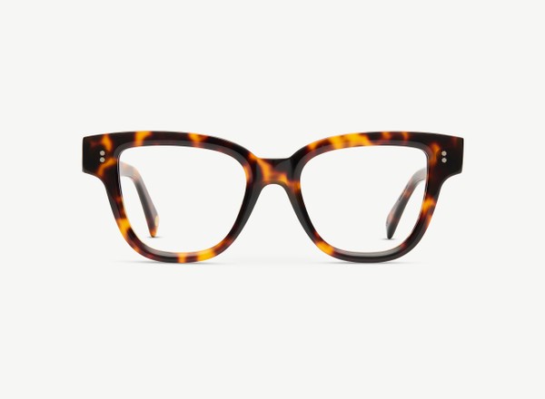 Front view of a pair of eyeglasses called the Singer in Tortoise