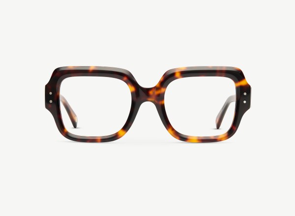 Front view of a pair of eyeglasses called the Provocateur in Tortoise