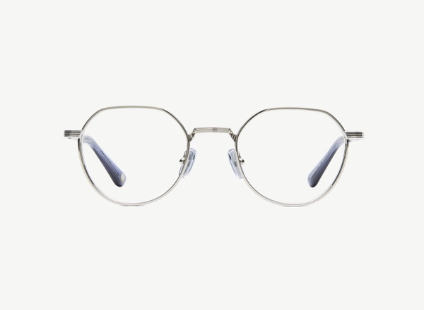 Front view of a pair of eyeglasses called the Scholar in Silver