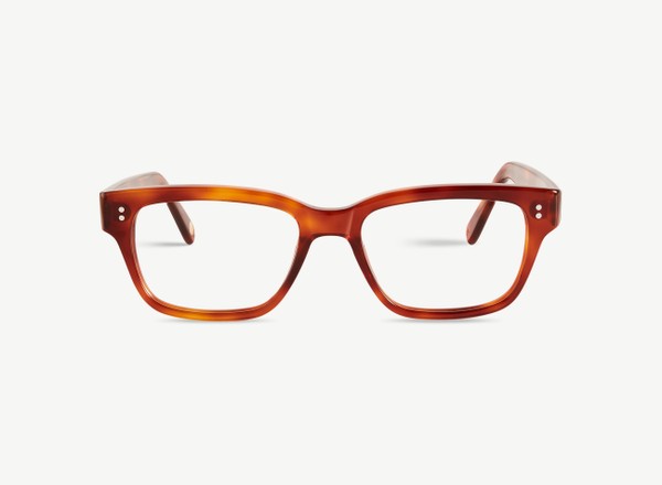 Front view of a pair of eyeglasses called the Exec in Amber