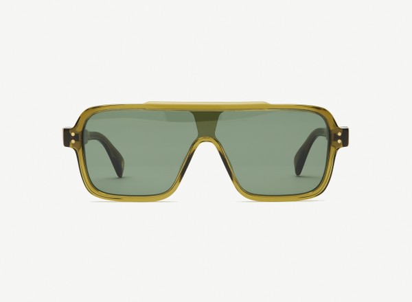 Front view of a pair of eyeglasses called the Rider in Olive