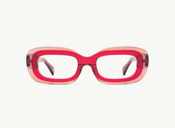 Front view of a pair of eyeglasses called the Serene in Crimson Fuse