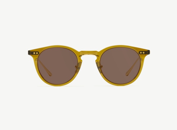 Front view of a pair of eyeglasses called the Alchemist in Olive