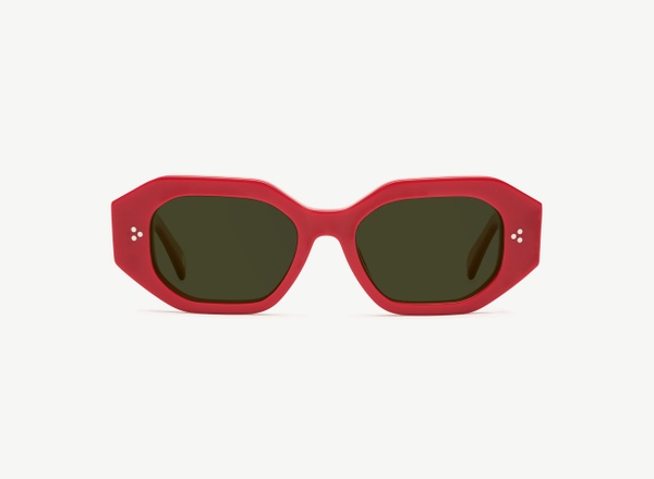 Front view of a pair of eyeglasses called the Rockstar in Ruby