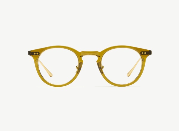 Front view of a pair of eyeglasses called the Alchemist in Olive