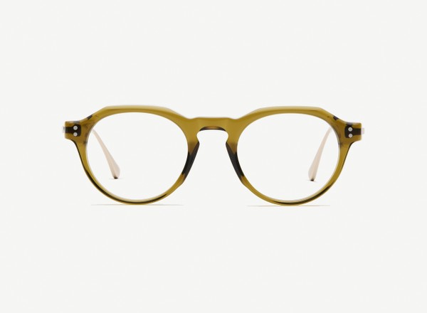 Front view of a pair of eyeglasses called the Editor in Olive