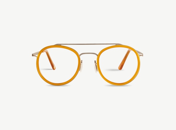 Front view of a pair of eyeglasses called the Player in Marigold