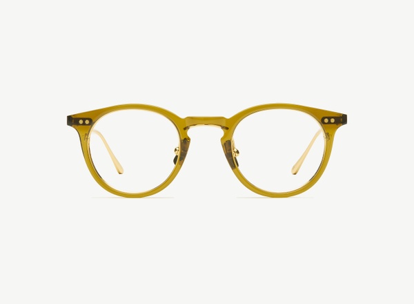 Front view of a pair of eyeglasses called the Lyricist in Olive
