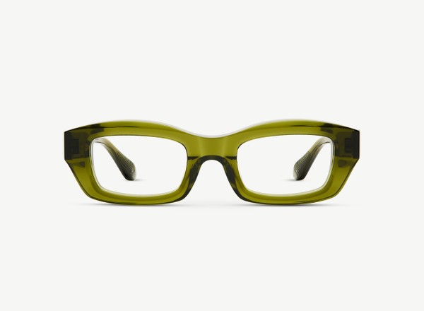 Front view of a pair of eyeglasses called the Enzo in Khaki
