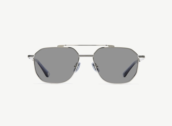Front view of a pair of eyeglasses called the Maverick in Silver