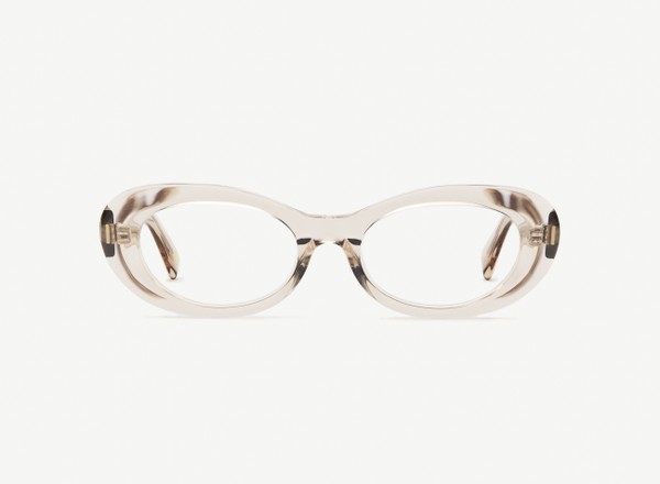 Front view of a pair of eyeglasses called the Oracle in Nude