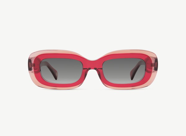 Front view of a pair of eyeglasses called the Serene in Crimson Fuse