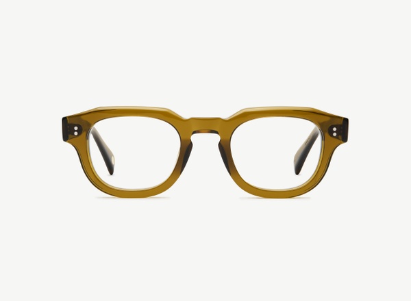 Front view of a pair of eyeglasses called the Cosmonaut in Olive