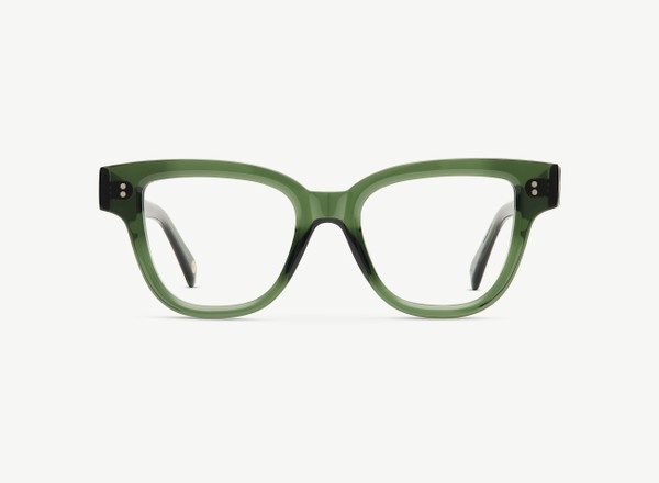 Front view of a pair of eyeglasses called the Singer in Jade