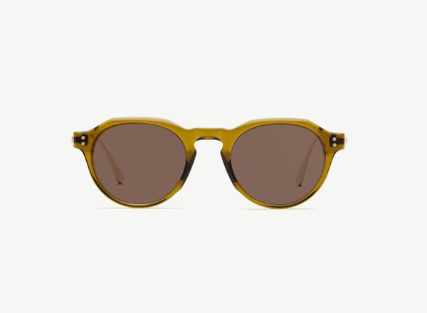 Front view of a pair of eyeglasses called the Editor in Olive