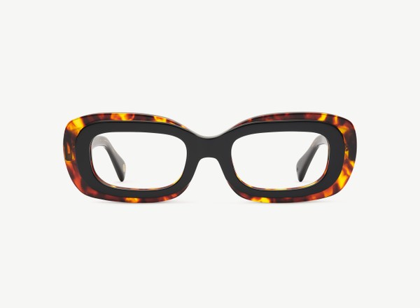 Front view of a pair of eyeglasses called the Serene in Black Fuse
