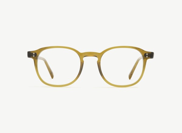 Front view of a pair of eyeglasses called the Idealist in Olive