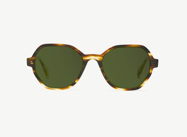 Front view of a pair of eyeglasses called the Storyteller in Tobacco