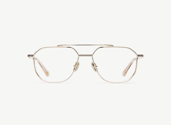Front view of a pair of eyeglasses called the Maverick in Gold