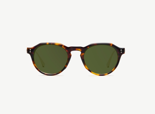 Front view of a pair of eyeglasses called the Editor in Tortoise