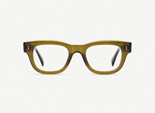 Front view of a pair of eyeglasses called the Navigator in Olive