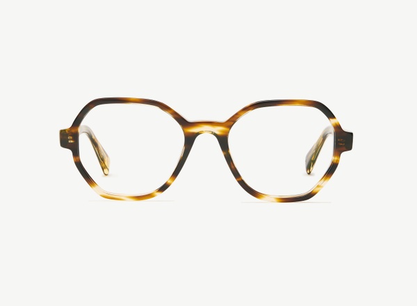 Front view of a pair of eyeglasses called the Storyteller in Tobacco
