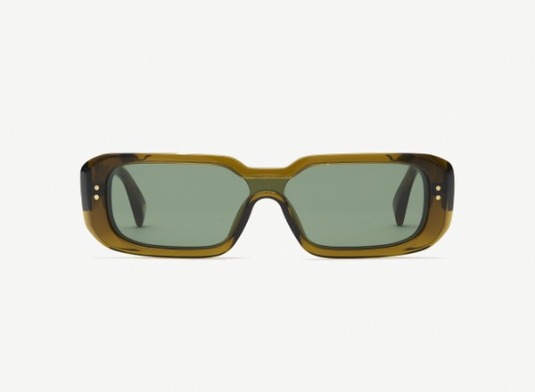 Front view of a pair of eyeglasses called the Cyclops in Olive