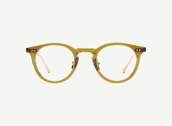 Front view of a pair of eyeglasses called the Lyricist in Olive
