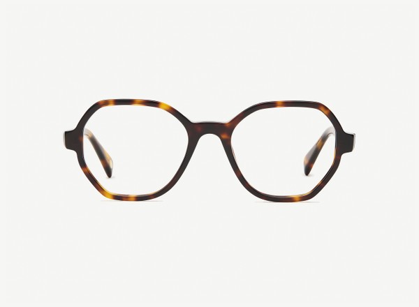 Front view of a pair of eyeglasses called the Storyteller in Tortoise