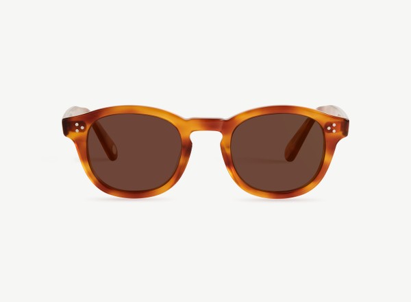Front view of a pair of eyeglasses called the Optimist in Honey