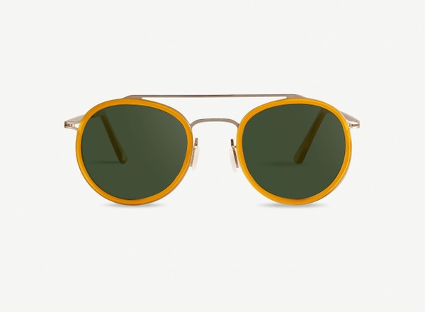 Front view of a pair of eyeglasses called the Player in Marigold